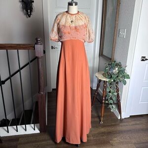 Vintage 70s prairie style handmade orange formal prom maxi dress Size S